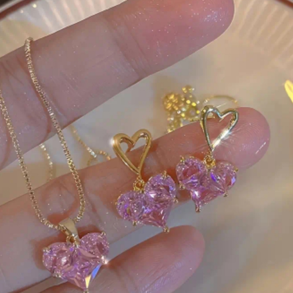 COPY - Gold Heart Earrings and Necklace Set with Pink Crystals